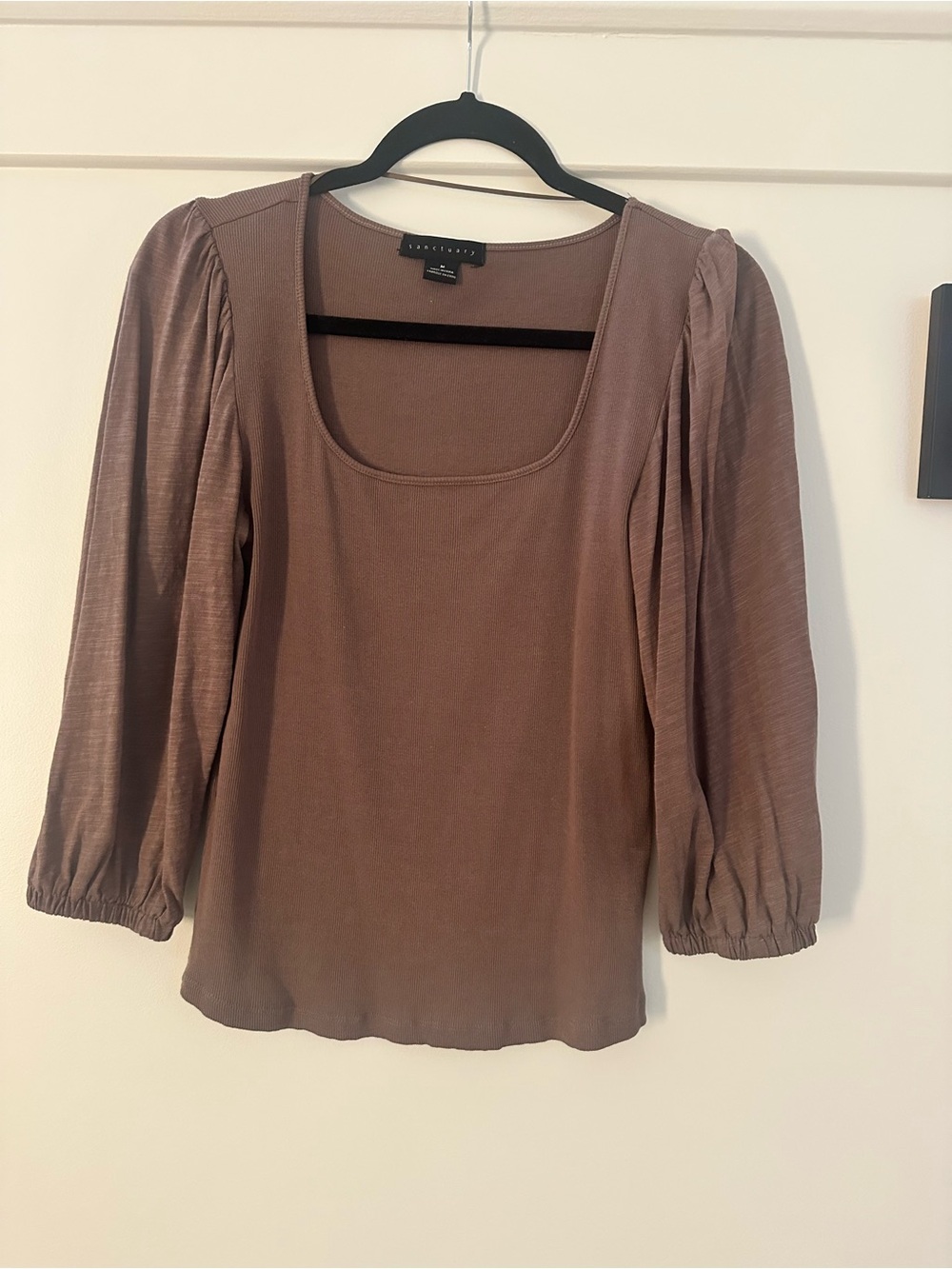 Sanctuary Brown Scoop Neck Long Sleeve Top with Puff Sleeves